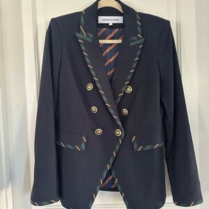 Veronica Beard Navy Blazer with Gold Buttons and Striped Trim